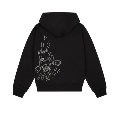 OFFCODE.USA black cotton zip-up hoodie with embroidered "Wall Street" graphic on back. Features YKK zipper.