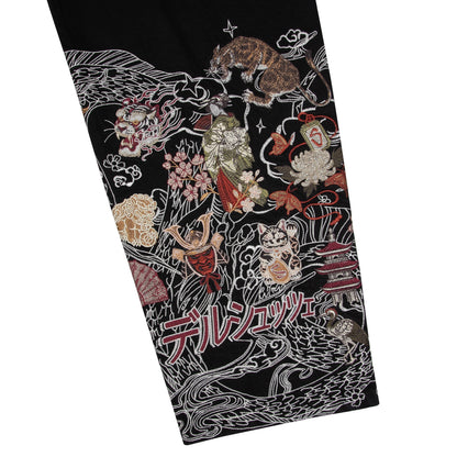 OFFCODE.USA black denim jeans with intricate Japanese-style embroidery of dragons, tigers, samurai, and geishas. 100% cotton.
