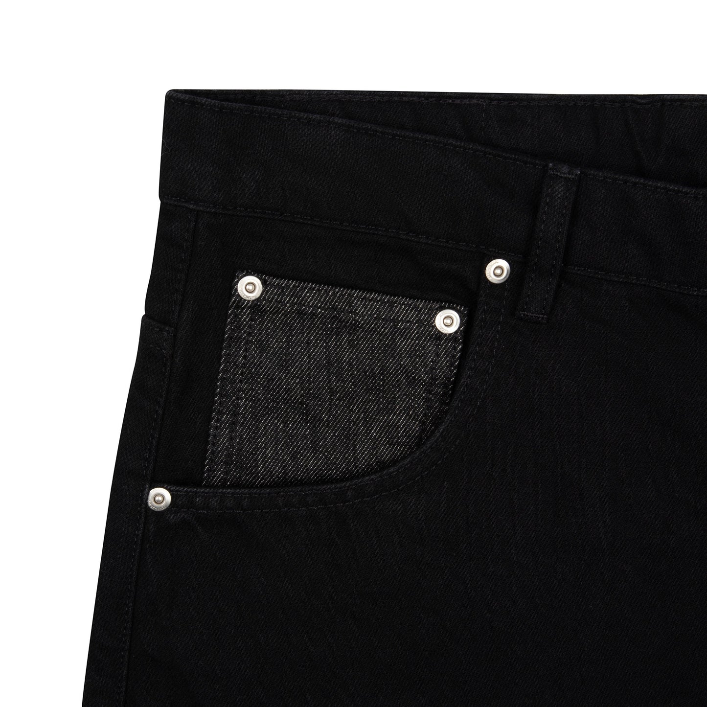 OFFCODE.USA black denim jeans with a raw denim coin pocket and balloon fit, made from 100% cotton.