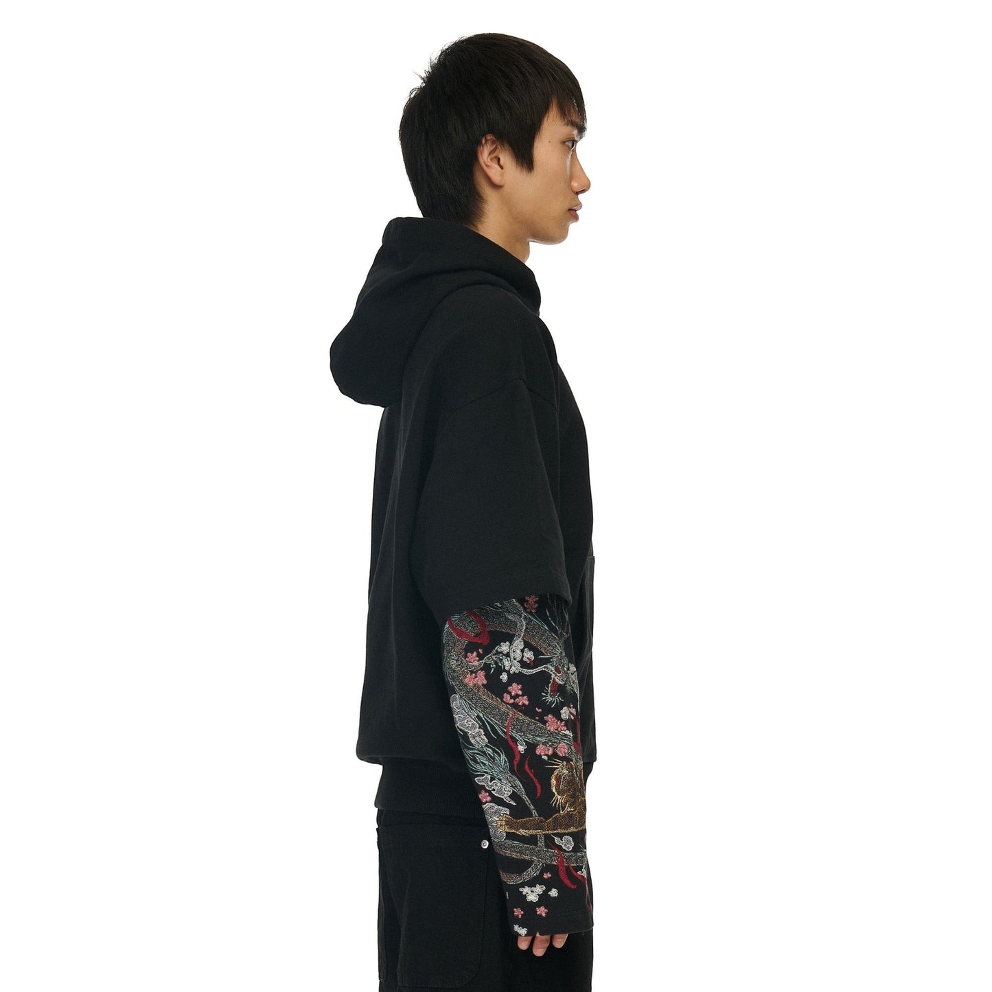 OFFCODE.USA black double sleeve hoodie with intricate dragon and cherry blossom embroidery on the sleeves. 100% cotton.