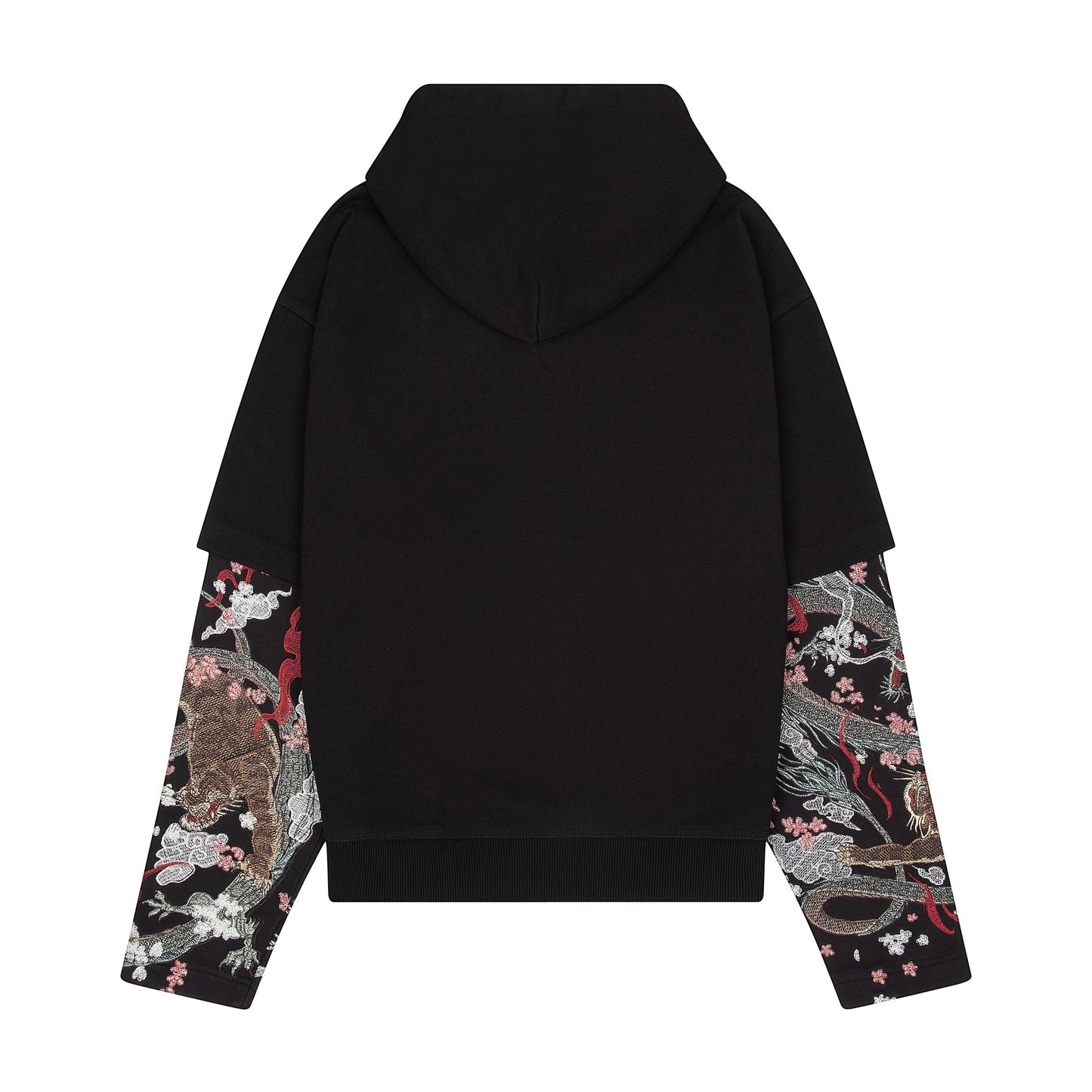 OFFCODE.USA black double sleeve hoodie with embroidered yakuza-inspired dragon and tiger motifs on sleeves. 100% cotton.