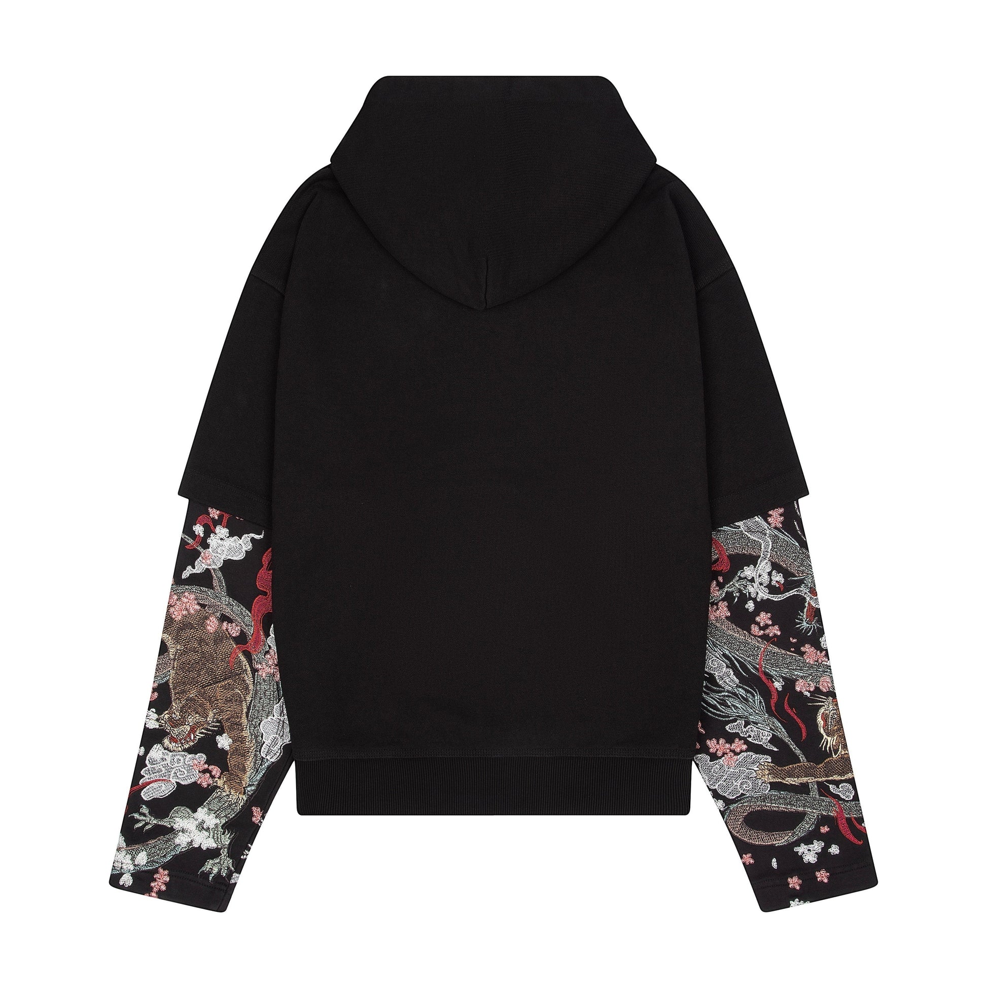 OFFCODE.USA black double sleeve hoodie with embroidered yakuza-inspired dragon and tiger motifs on sleeves. 100% cotton.