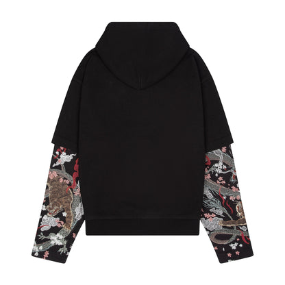 OFFCODE.USA black double sleeve hoodie with embroidered yakuza-inspired dragon and tiger motifs on sleeves. 100% cotton.