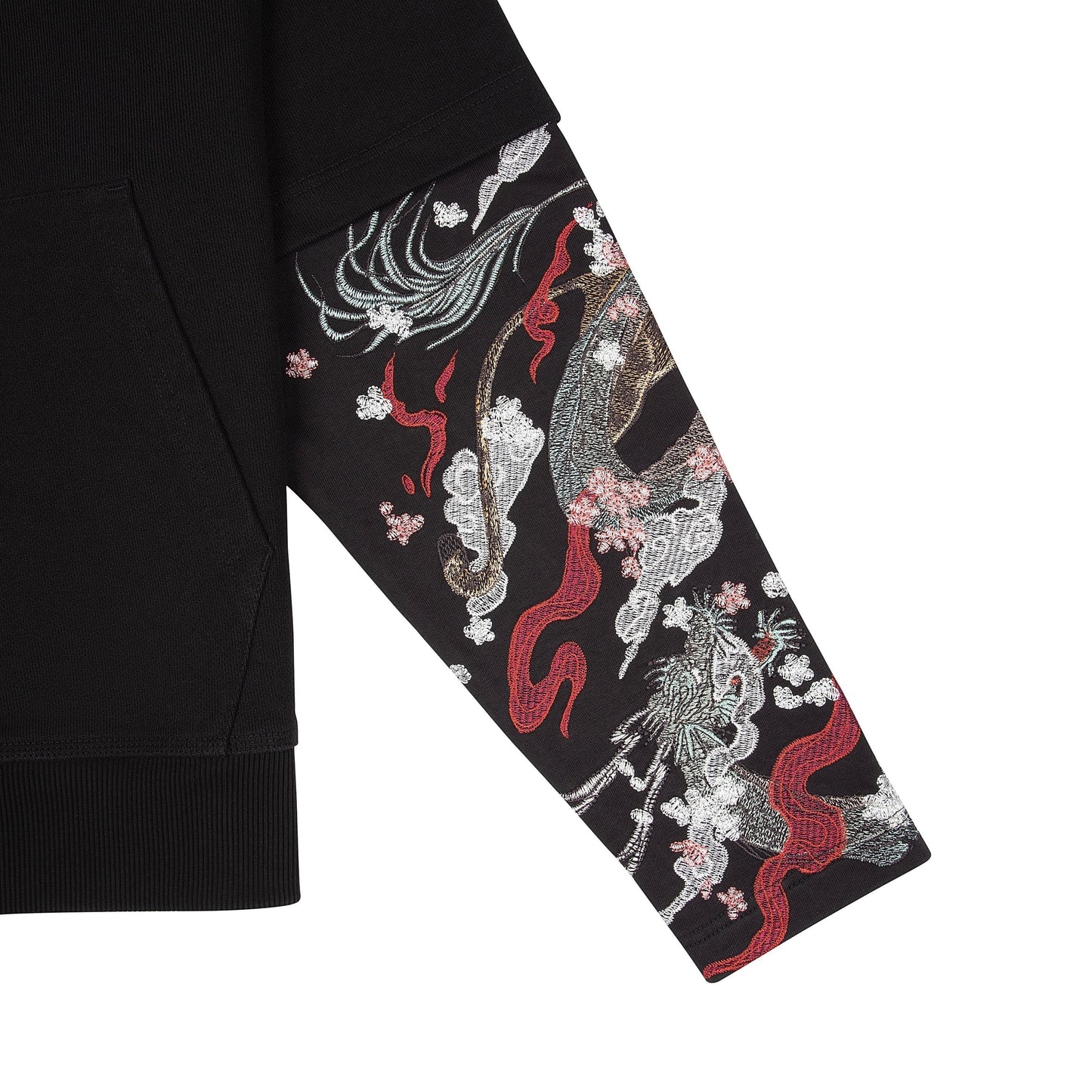OFFCODE.USA black cotton hoodie with double sleeves featuring intricate dragon embroidery and cherry blossoms.