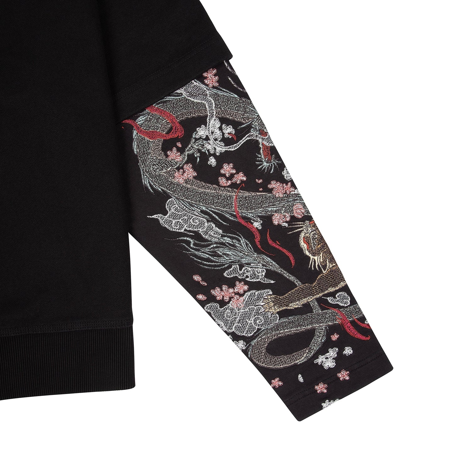 OFFCODE.USA black double sleeve hoodie with intricate dragon and cherry blossom embroidery on sleeves. 100% cotton.
