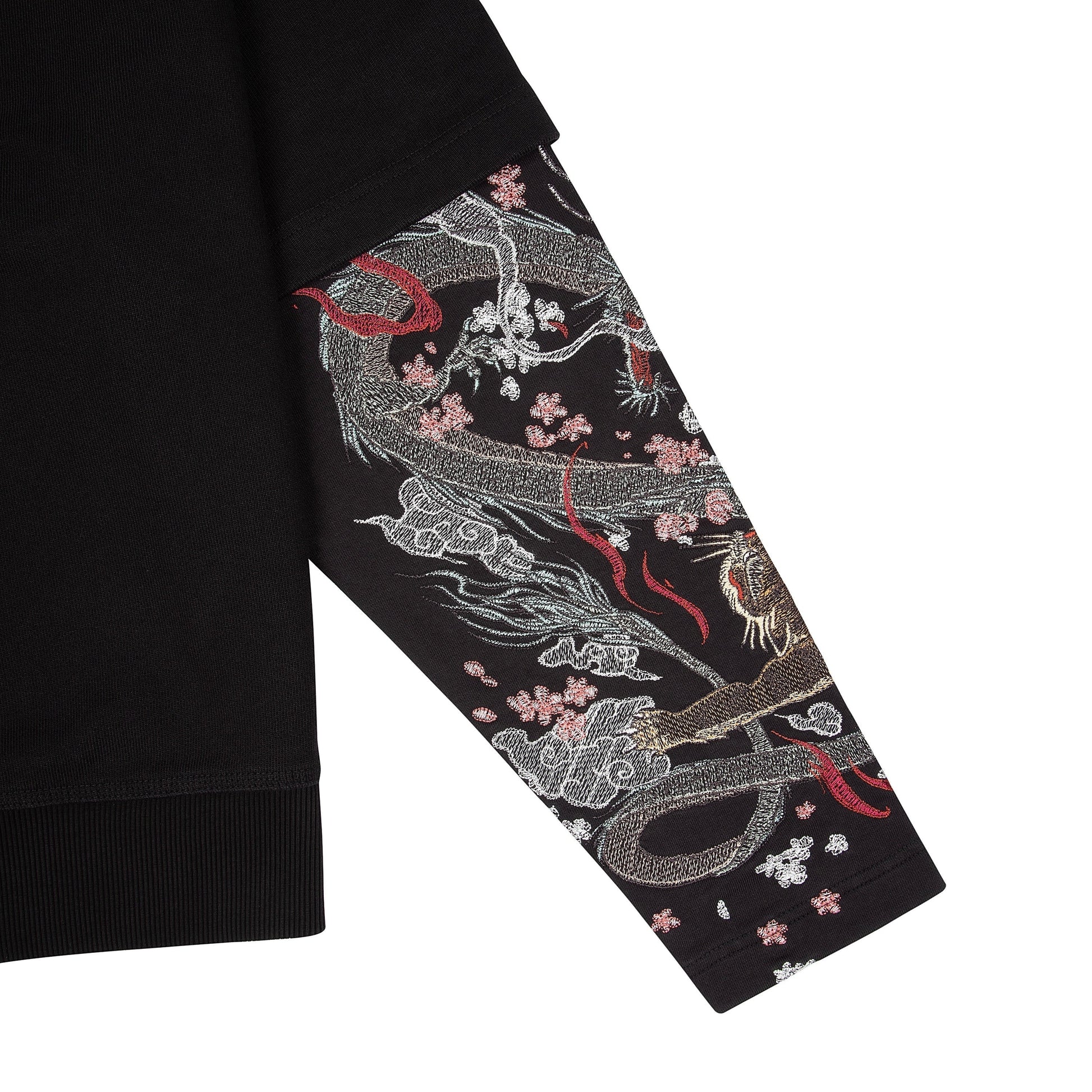OFFCODE.USA black double sleeve hoodie with intricate dragon and cherry blossom embroidery on sleeves. 100% cotton.