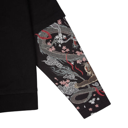 OFFCODE.USA black double sleeve hoodie with intricate dragon and cherry blossom embroidery on sleeves. 100% cotton.
