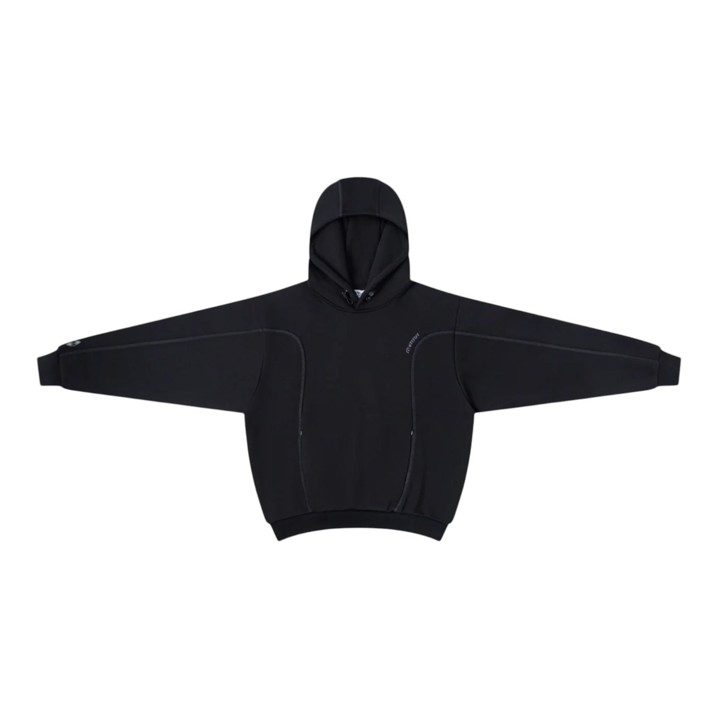 OFFCODE.USA black cotton poly blend hoodie with embroidered graphics, overlock stitch paneling, hood toggles, and sleeve badge.