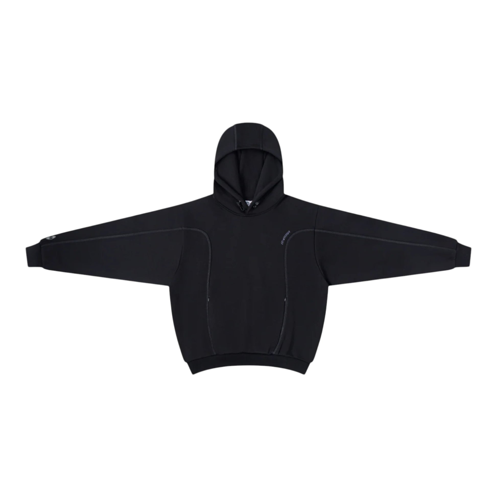 OFFCODE.USA black cotton poly blend hoodie with embroidered graphics, overlock stitch paneling, hood toggles, and sleeve badge.
