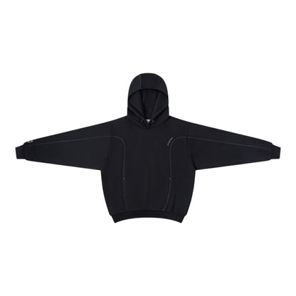 OFFCODE.USA black cotton poly blend hoodie with embroidered graphics, overlock stitch paneling, hood toggles, and sleeve badge.