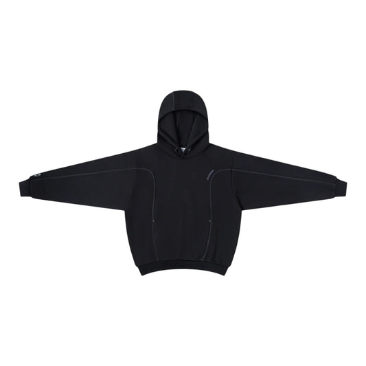 OFFCODE.USA black cotton poly blend hoodie with embroidered graphics, overlock stitch paneling, hood toggles, and sleeve badge.