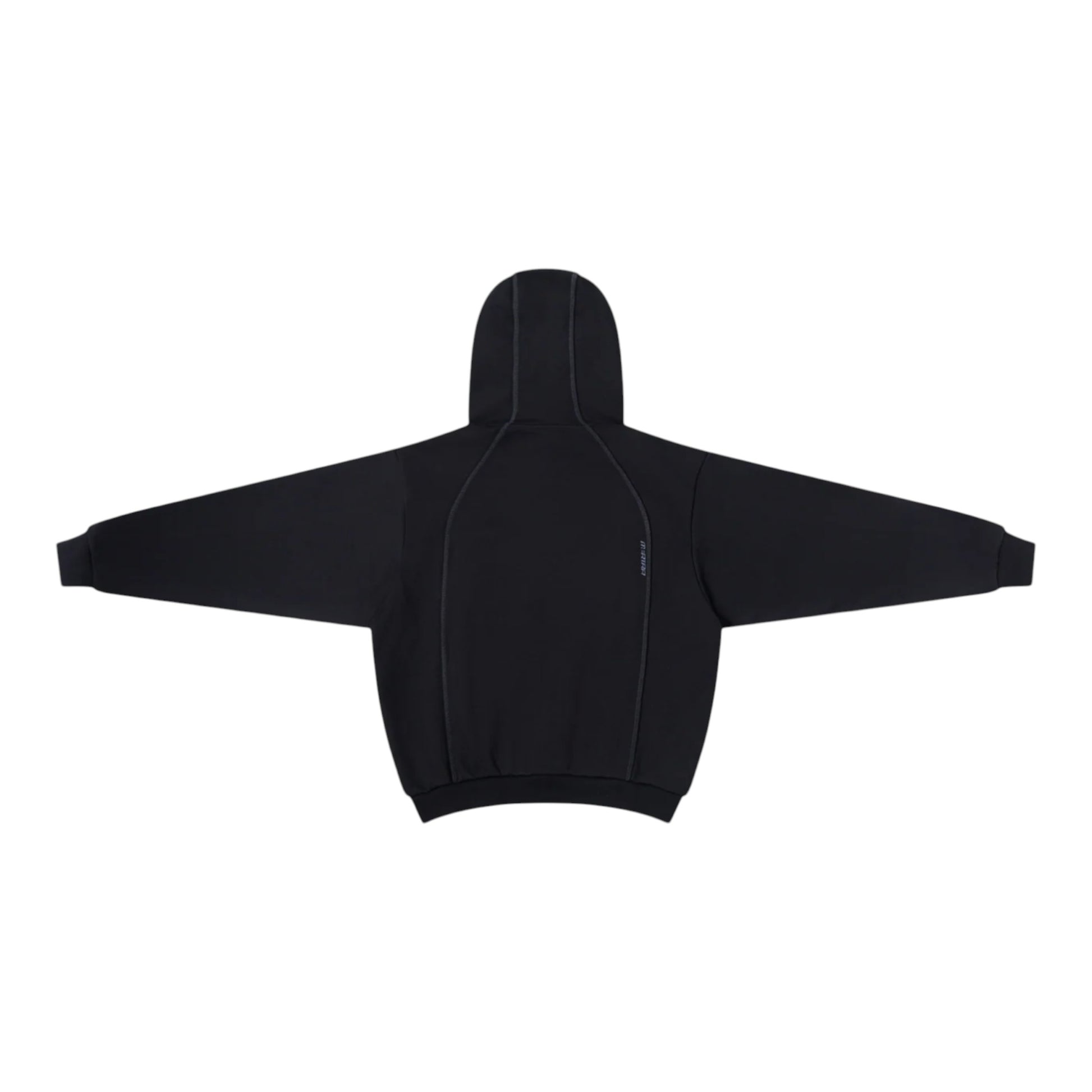 OFFCODE.USA black cotton poly blend hoodie with embroidered graphics, overlock stitch paneling, hood toggles, and hidden zipper pockets.