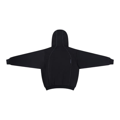 OFFCODE.USA black cotton poly blend hoodie with embroidered graphics, overlock stitch paneling, hood toggles, and hidden zipper pockets.