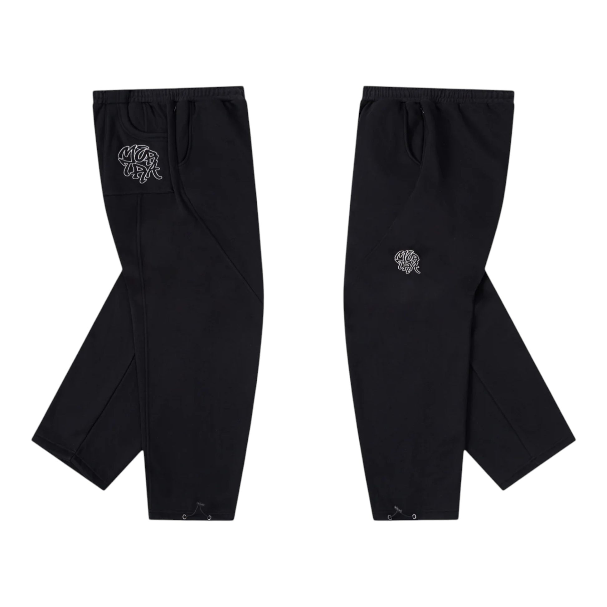 OFFCODE.USA black cotton blend joggers with embroidered graphics, drawstrings, and ankle cuffs.