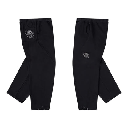 OFFCODE.USA black cotton blend joggers with embroidered graphics, drawstrings, and ankle cuffs.