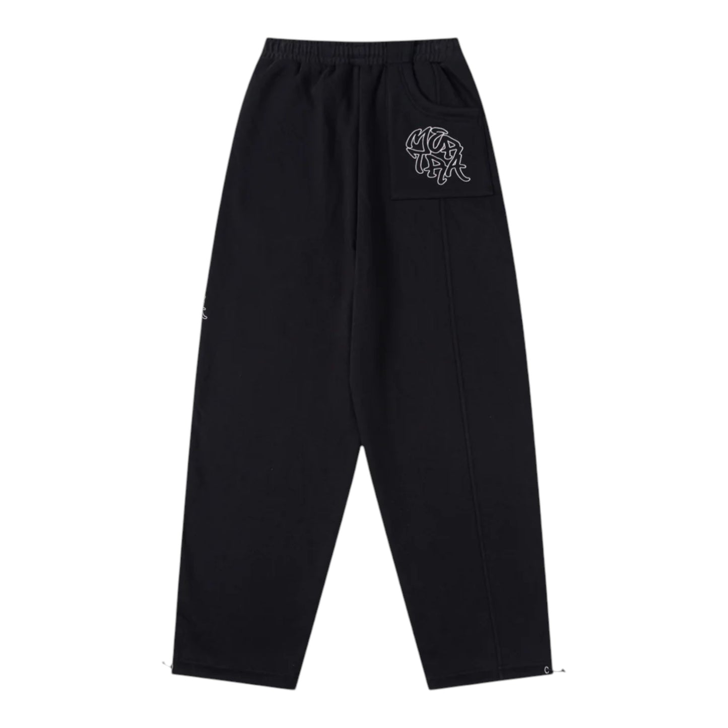 OFFCODE.USA black cotton blend joggers with embroidered graphics, hidden zipper pockets, and drawcords on ankles. Wide leg fit.