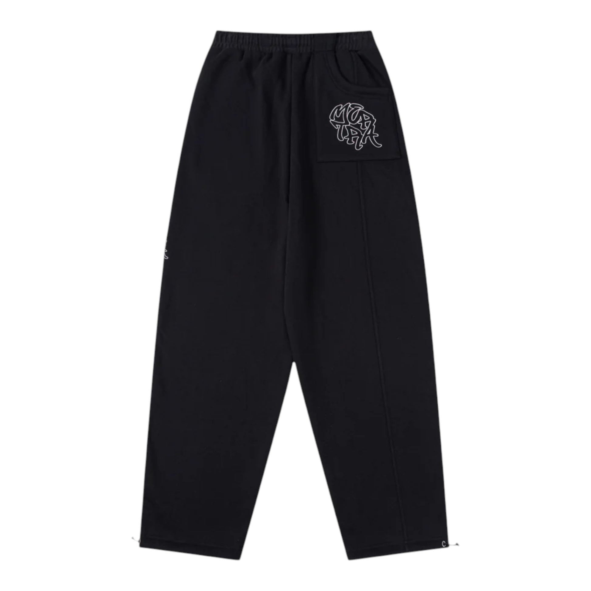 OFFCODE.USA black cotton blend joggers with embroidered graphics, hidden zipper pockets, and drawcords on ankles. Wide leg fit.