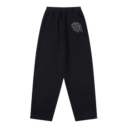 OFFCODE.USA black cotton blend joggers with embroidered graphics, hidden zipper pockets, and drawcords on ankles. Wide leg fit.