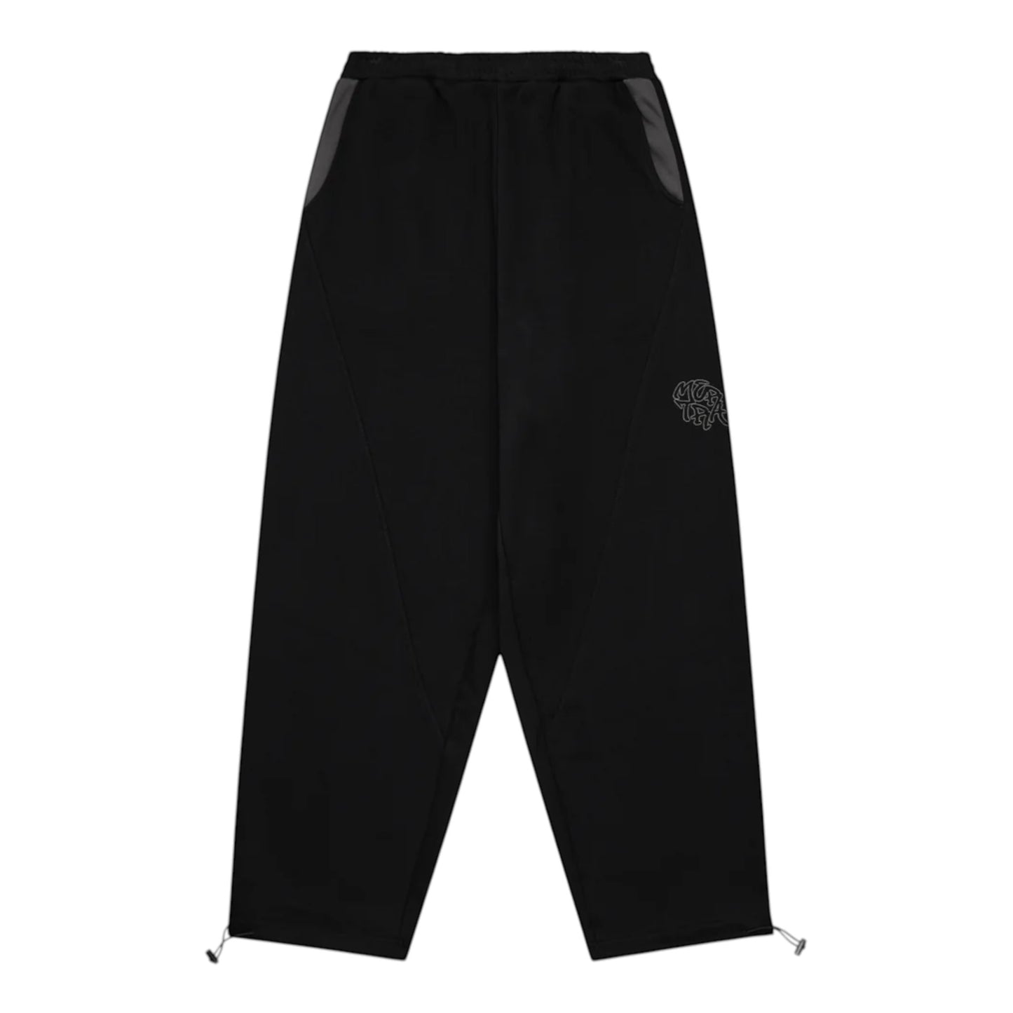 OFFCODE.USA black joggers with drawstring ankles and embroidered logo detail on the right leg.