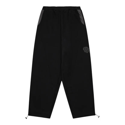OFFCODE.USA black joggers with drawstring ankles and embroidered logo detail on the right leg.