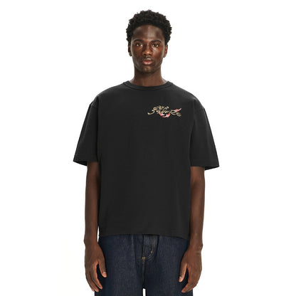 OFFCODE.USA black 100% cotton t-shirt with embroidered koi design on front. Model wears size L.