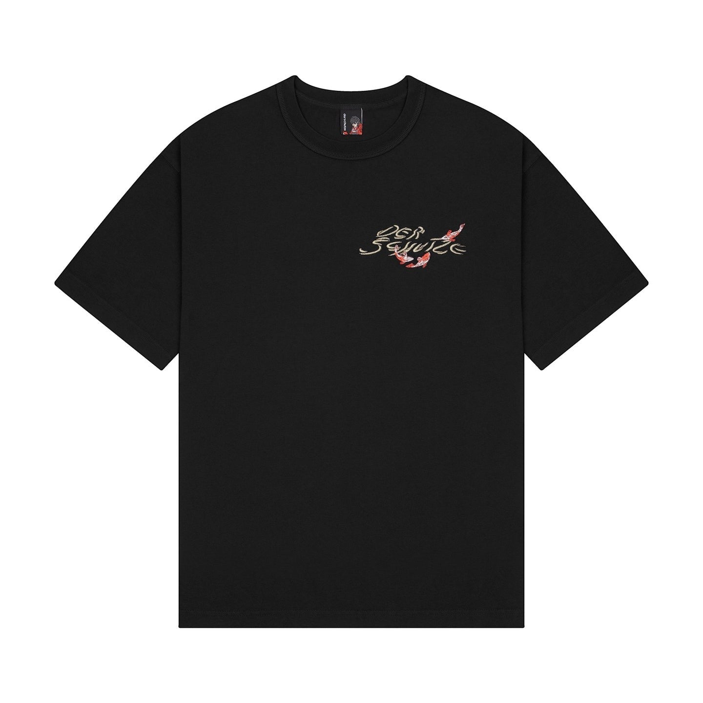 OFFCODE.USA black 100% cotton t-shirt with embroidered koi fish and script on front and back. Fits true to size.