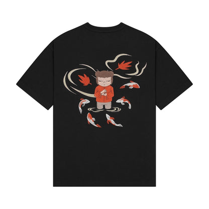 OFFCODE.USA black 100% cotton t-shirt with embroidered koi fish and meditating figure graphic on back.