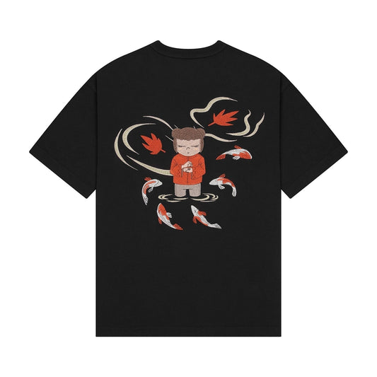 OFFCODE.USA black 100% cotton t-shirt with embroidered koi fish and meditating figure graphic on back.