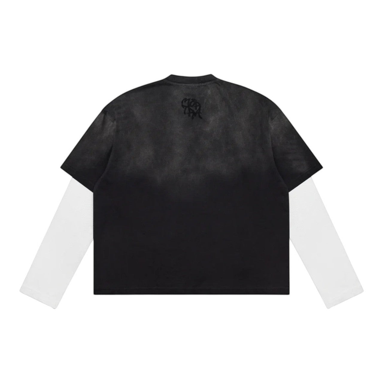 OFFCODE.USA black layered tee with built-in white waffle long sleeves, sun faded, and distressed details.