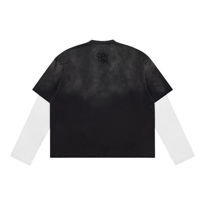 OFFCODE.USA black layered tee with built-in white waffle long sleeves, sun faded, and distressed details.