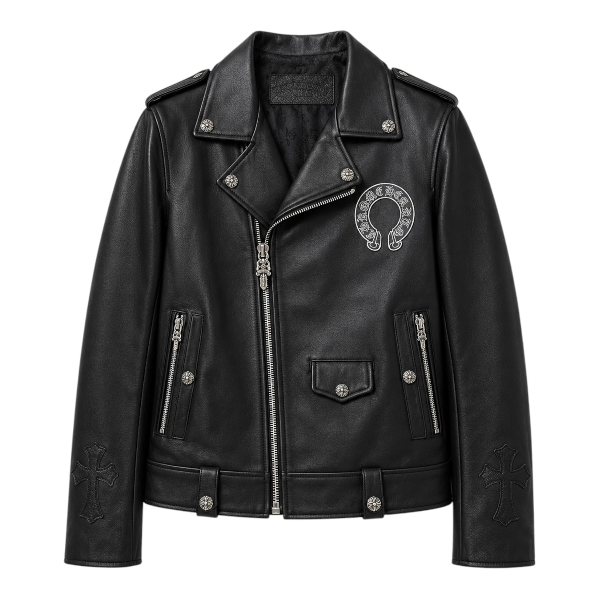 OFFCODE.USA black leather biker jacket with silver horseshoe and cross embellishments. Features zip closure and pockets.