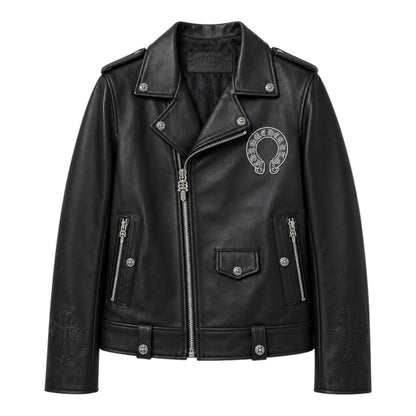 OFFCODE.USA black leather biker jacket with silver horseshoe and cross embellishments. Features zip closure and pockets.