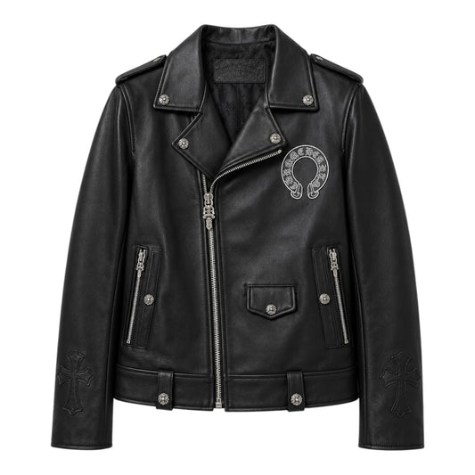 OFFCODE.USA black leather biker jacket with silver horseshoe and cross embellishments. Features zip closure and pockets.