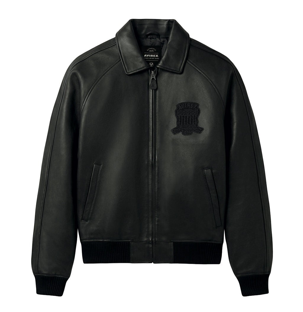 OFFCODE.USA black antique lamb leather bomber jacket with logo details and striped rib hem.