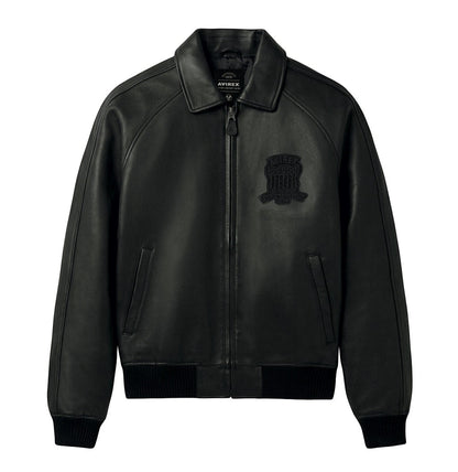 OFFCODE.USA black antique lamb leather bomber jacket with logo details and striped rib hem.