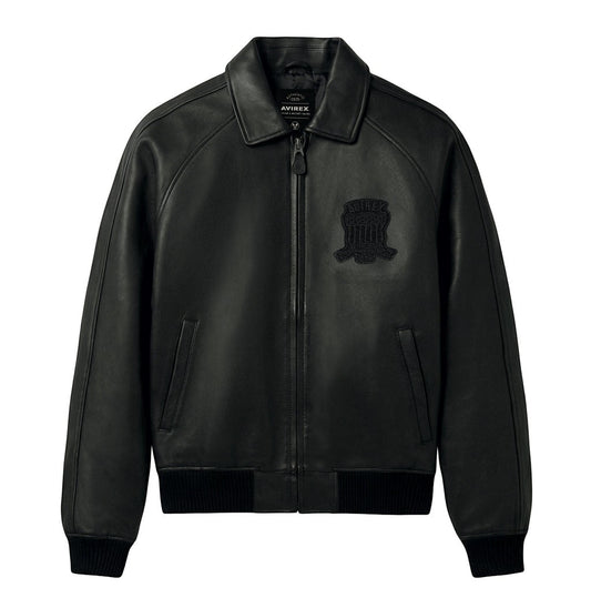 OFFCODE.USA black antique lamb leather bomber jacket with logo details and striped rib hem.