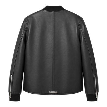OFFCODE.USA black leather bomber jacket with silver zipper details and a subtle logo emblem on the back hem.
