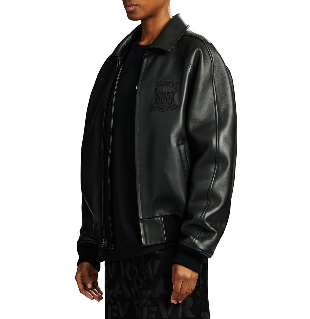 OFFCODE.USA black antique lamb leather bomber jacket with embroidered logo details on chest and collar.