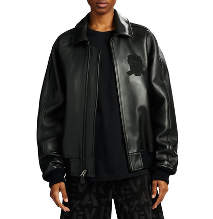 OFFCODE.USA black antique European lamb leather bomber jacket with logo details and striped rib hem.