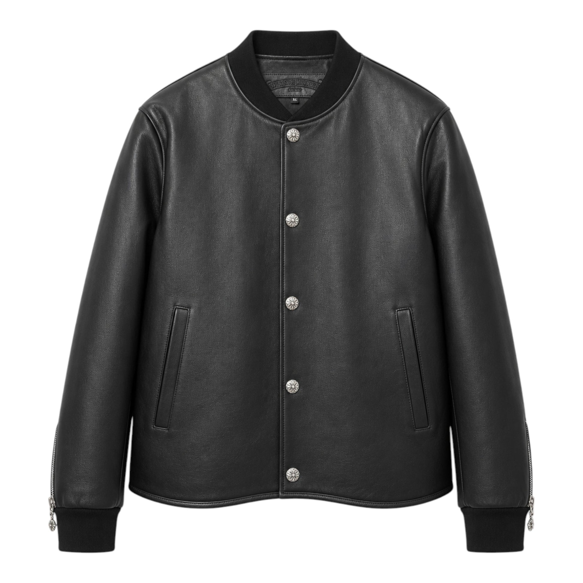 OFFCODE.USA black leather bomber jacket with silver button details and ribbed cuffs.