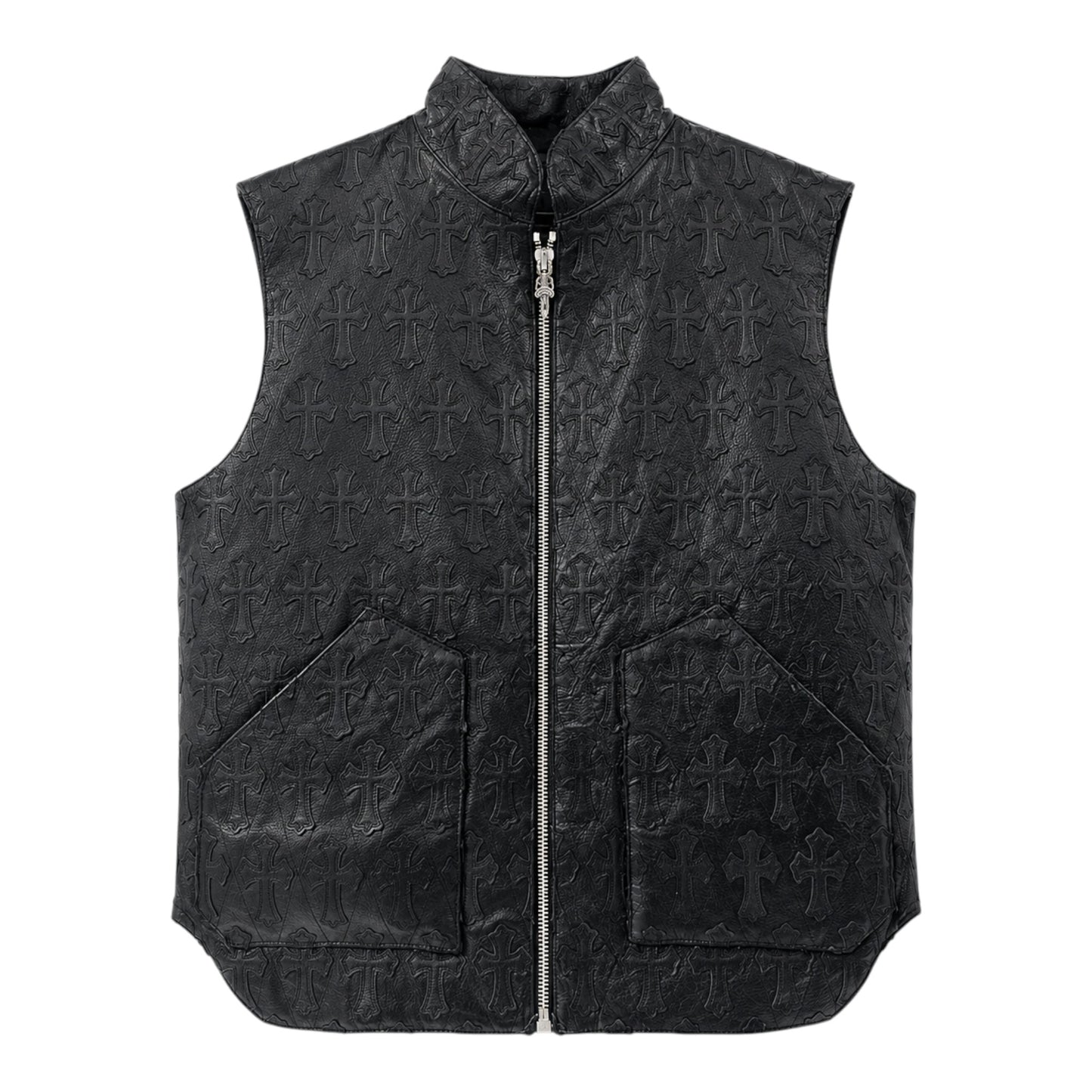 OFFCODE.USA vintage black leather vest featuring an embossed cross pattern and a silver front zipper closure.