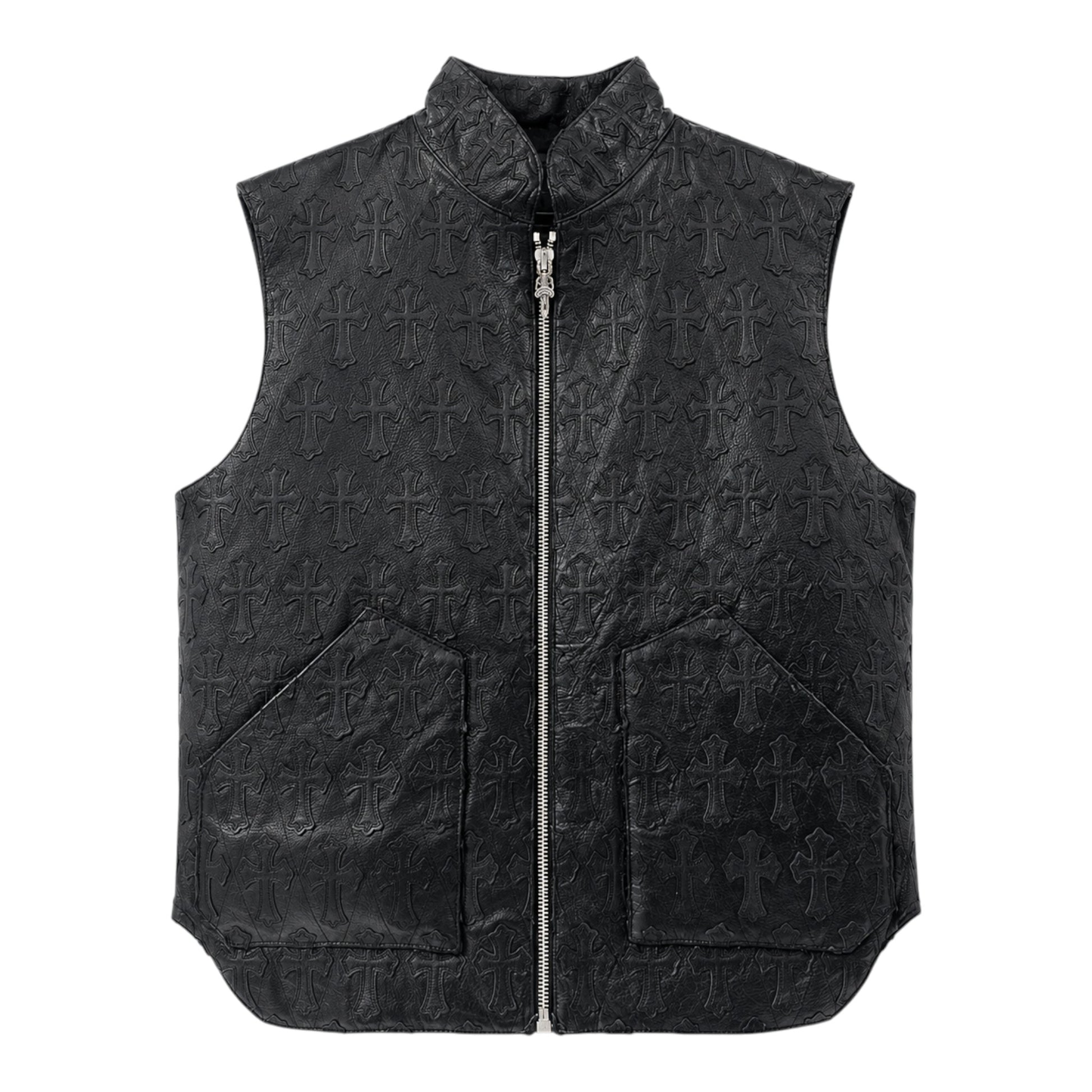 OFFCODE.USA vintage black leather vest featuring an embossed cross pattern and a silver front zipper closure.