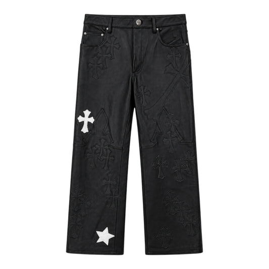 OFFCODE.USA black leather pants featuring white cross and star patches with detailed fleur knee embroidery