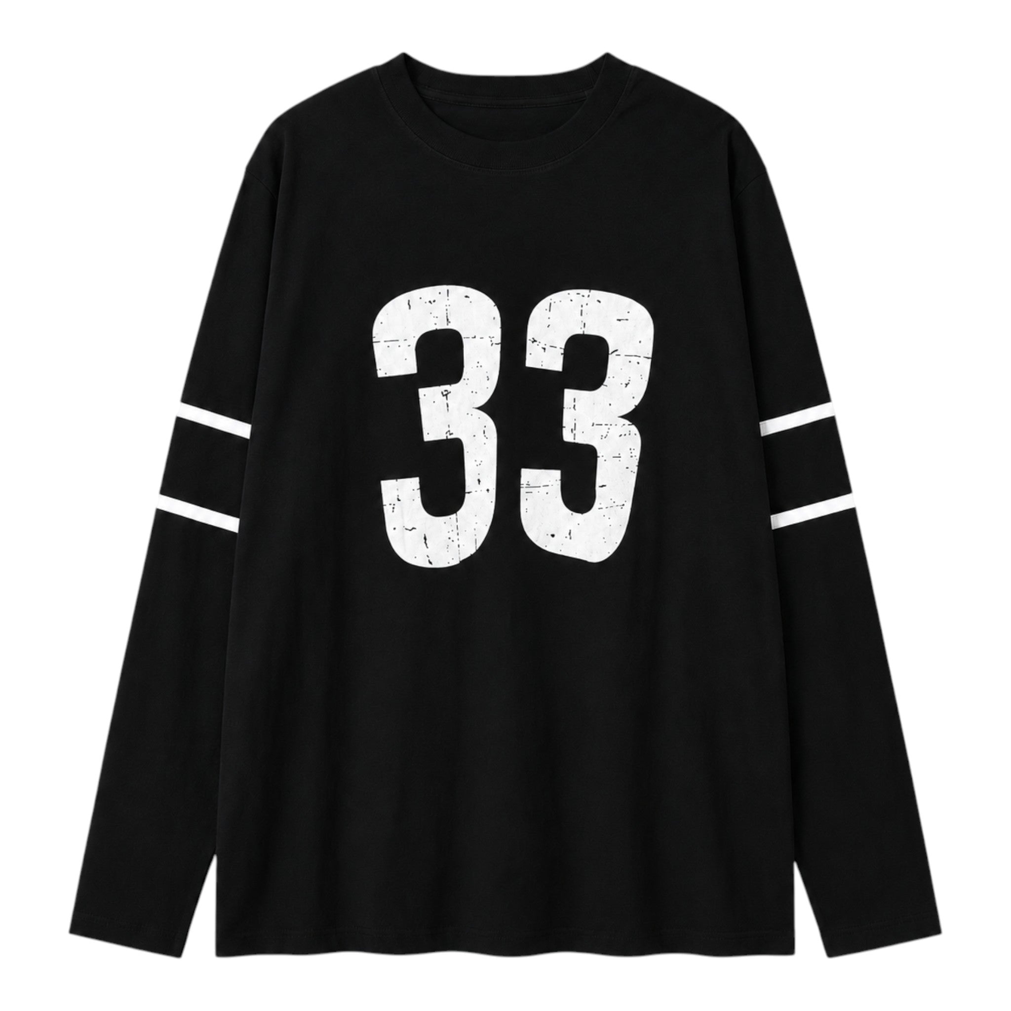 OFFCODE.USA black long sleeve tee featuring a distressed white number 33 graphic and white sleeve stripes