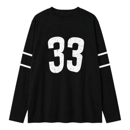 OFFCODE.USA black long sleeve tee featuring a distressed white number 33 graphic and white sleeve stripes