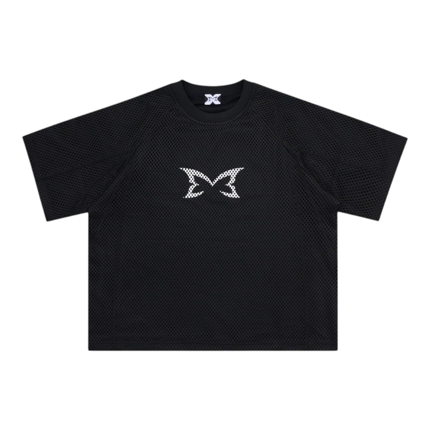 OFFCODE.USA black layered mesh jersey with screen printed graphic and boxy fit.