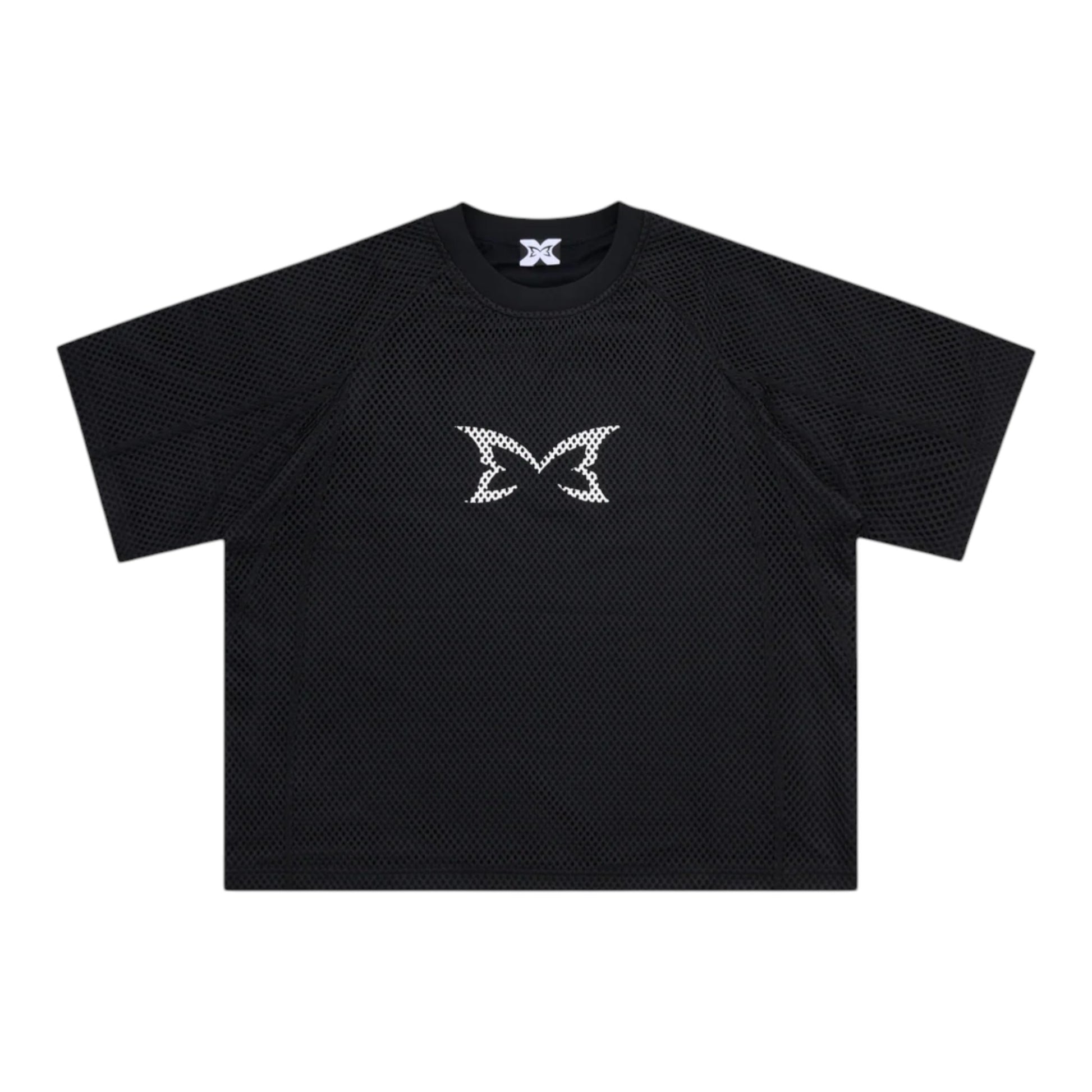 OFFCODE.USA black layered mesh jersey with screen printed graphic and boxy fit.