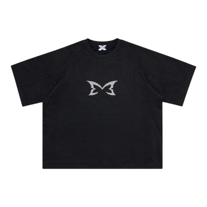 OFFCODE.USA black layered mesh jersey with screen printed graphic and boxy fit.