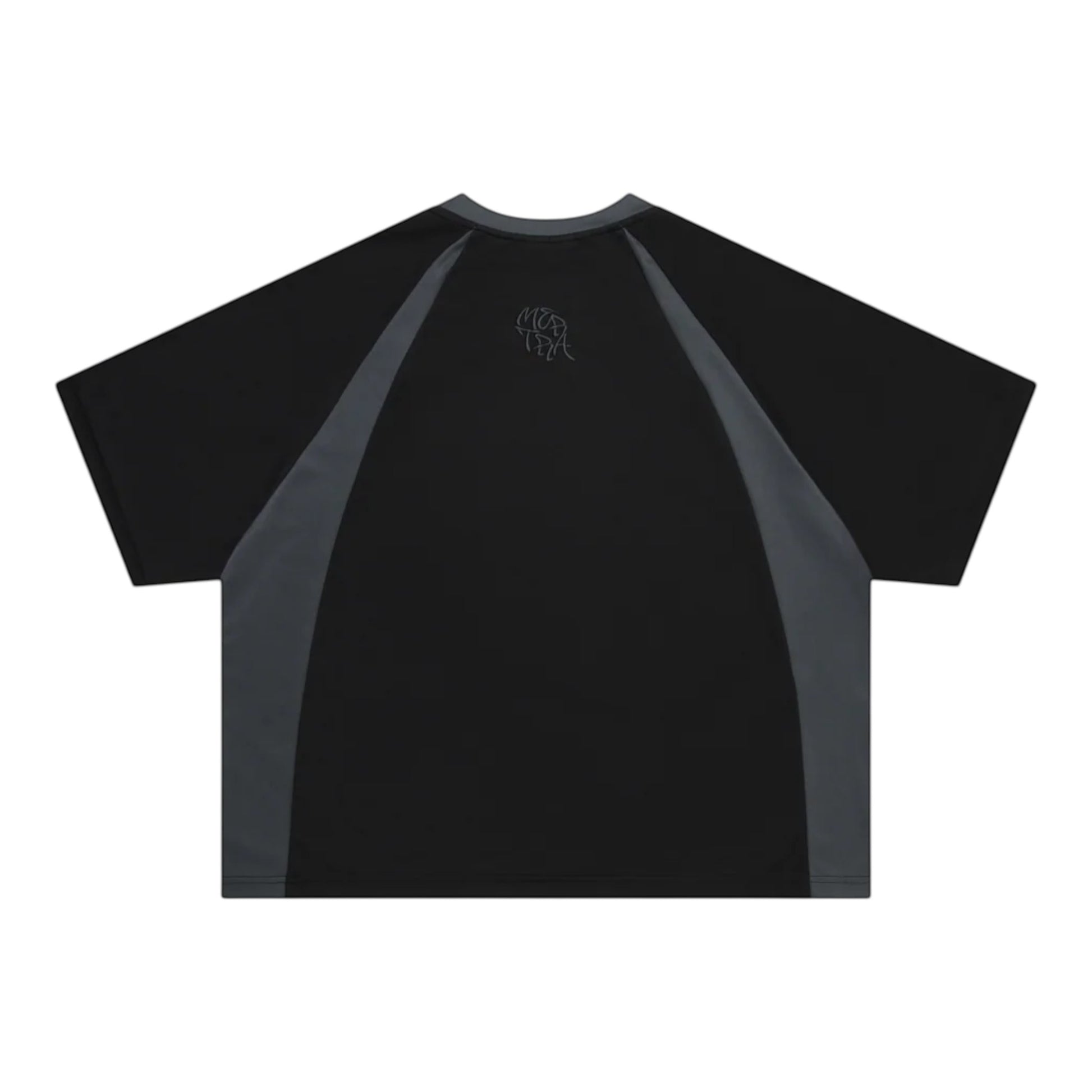 OFFCODE.USA black polyester mesh tee with 2 panel construction, boxy fit, and embroidered graphics.