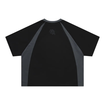 OFFCODE.USA black polyester mesh tee with 2 panel construction, boxy fit, and embroidered graphics.
